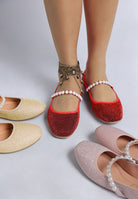 Rag Company women's pearl detail Mary Jane flats in red glitter being worn among other color options