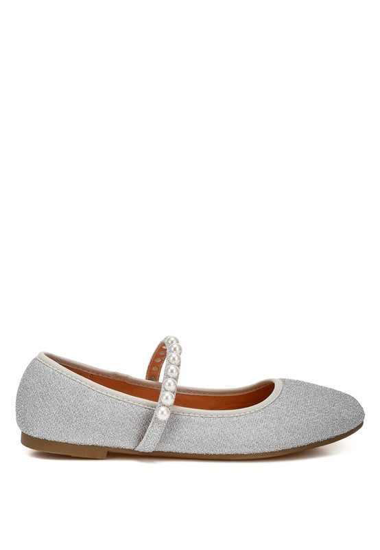 Rag Company women's pearl detail Mary Jane flats in light gray with decorative pearl strap