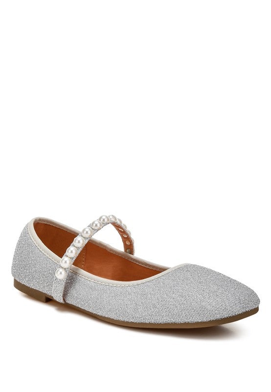 Rag Company women's pearl detail Mary Jane flats in silver with pearl-adorned strap and flat sole