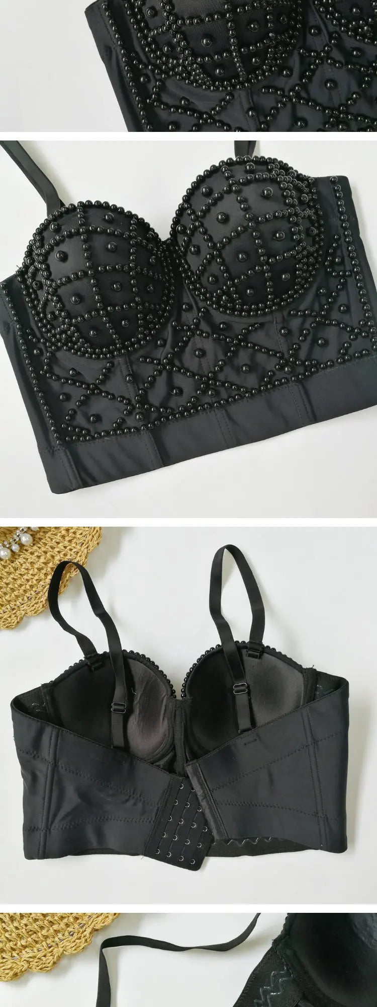 Black pearl embellished crop top for stylish evening wear