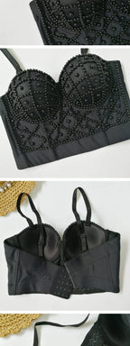 Black pearl embellished crop top for stylish evening wear