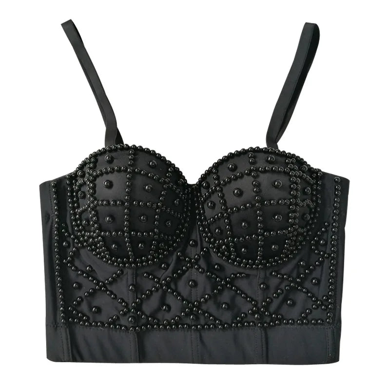 Black pearl embellished crop top, stylish for summer outings
