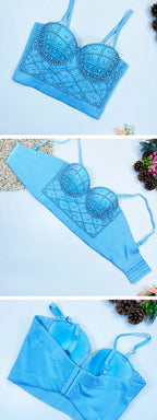 Light blue pearl embellished crop top for stylish summer outfits