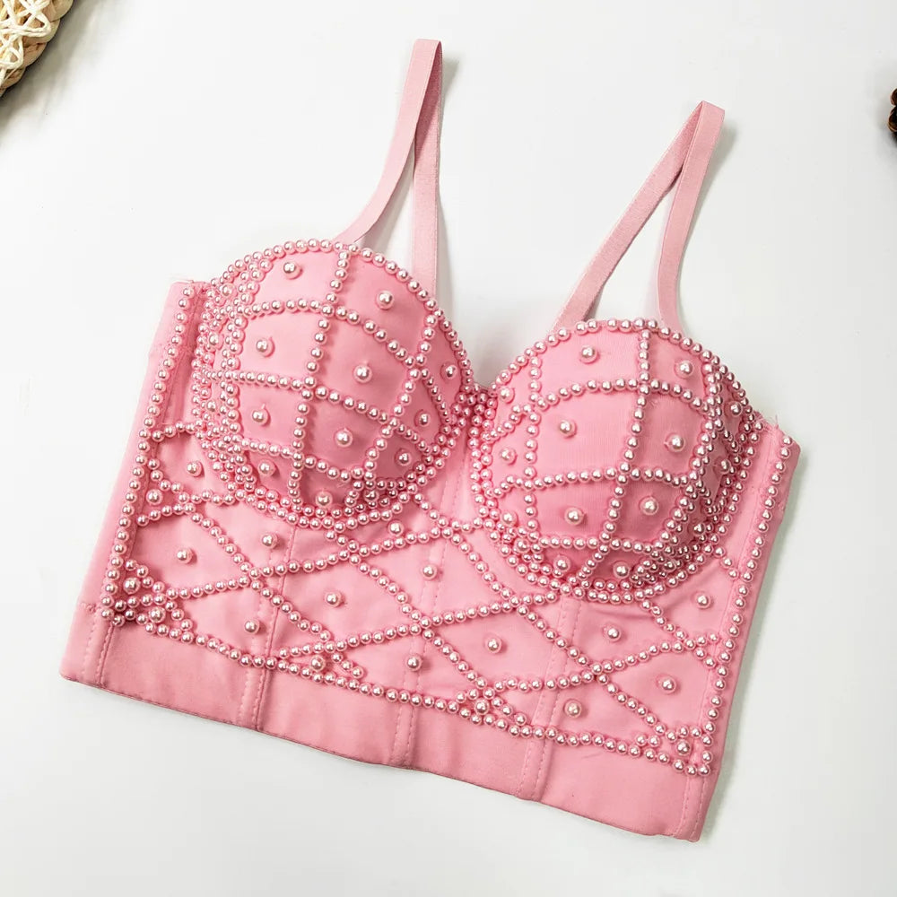 Pink pearl embellished crop top for stylish summer outfits