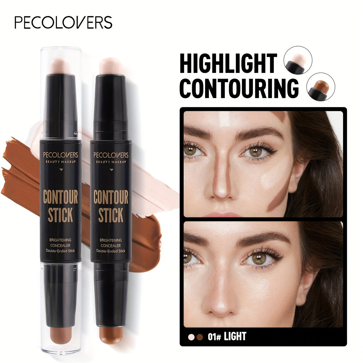 PecoLovers contour stick for eyes lips face makeup, dual-ended in light shade