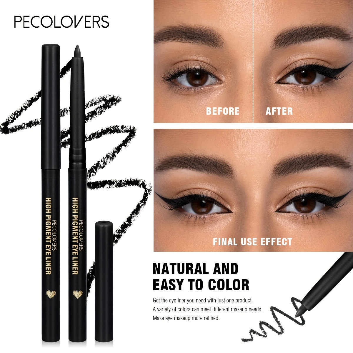 PecoLovers waterproof eyeliner in black, delivers defined eye looks