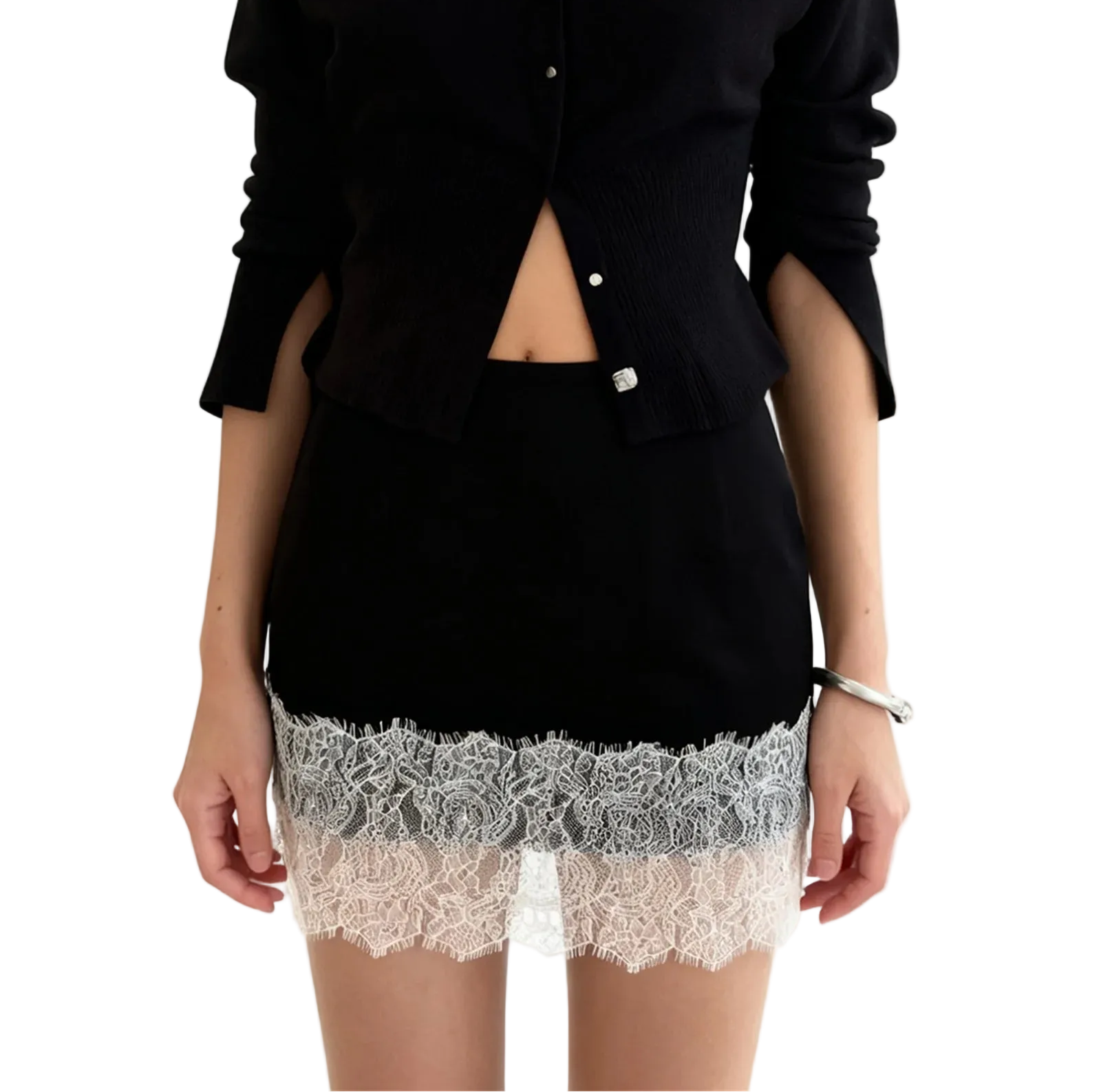 Women's black pencil skirt with lace hem for stylish occasions