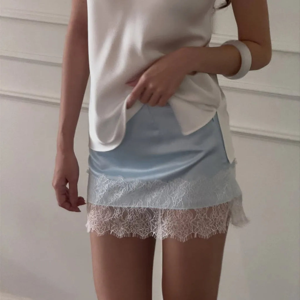 Women's light blue pencil skirt with lace trim, perfect for casual outings