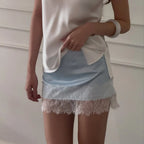 Women's light blue pencil skirt with lace trim, perfect for casual outings