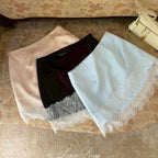 Women's pencil skirt set in pink, black, and blue, lace trim detail
