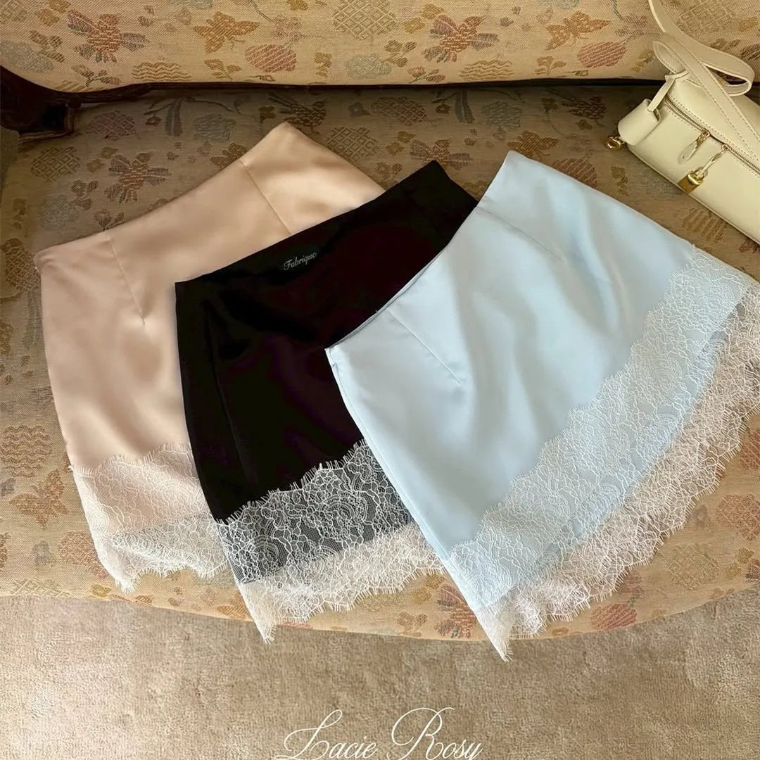Women's pencil skirt set in pink, black, and blue, lace trim detail