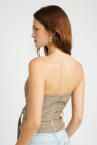Women's Emory Park peplum belted corset top in beige with a fitted design and adjustable straps