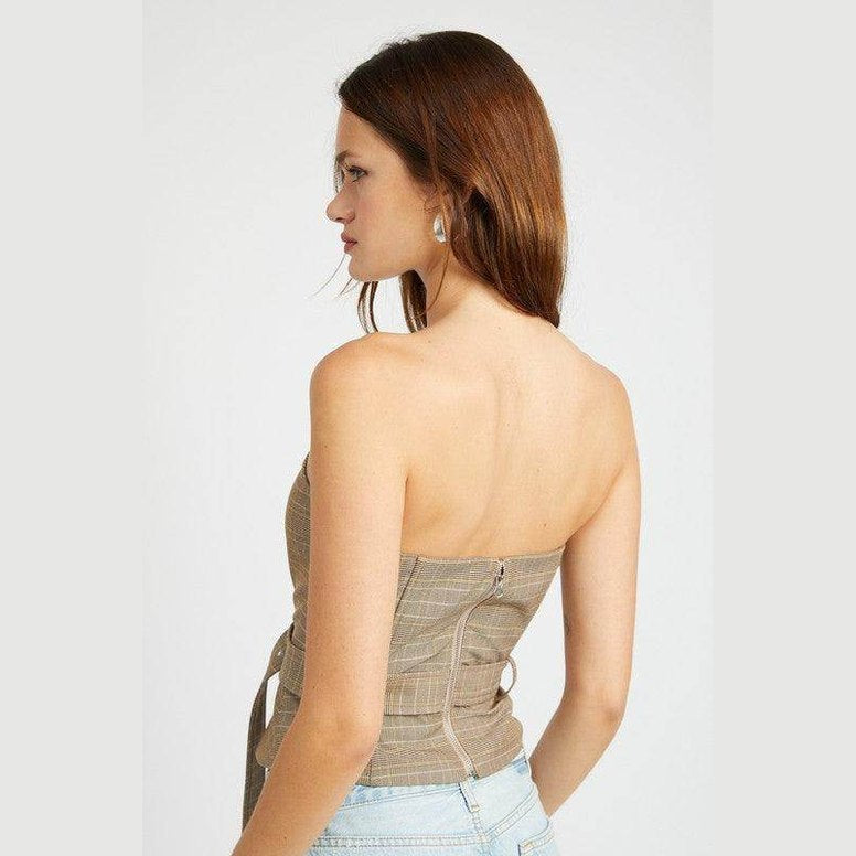 Women's Emory Park peplum belted corset top in beige with a fitted design and adjustable straps