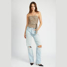 Emory Park Women's Peplum Belted Corset Top in plaid design, paired with distressed jeans for a stylish look