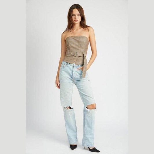 Emory Park Women's Peplum Belted Corset Top in plaid design, paired with distressed jeans for a stylish look