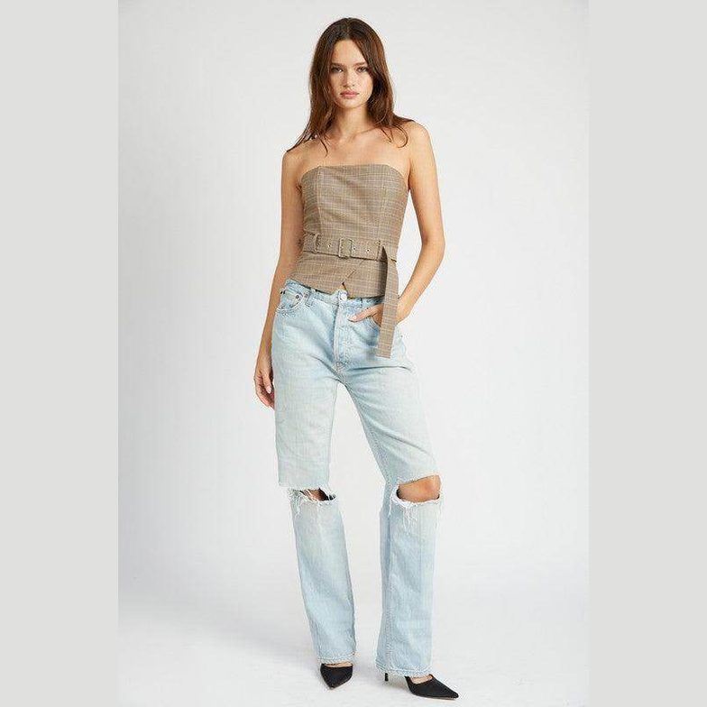 Emory Park Women's Peplum Belted Corset Top in plaid design, paired with distressed jeans for a stylish look