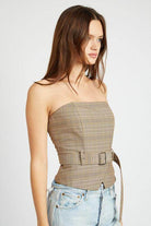 Emory Park Women's Peplum Belted Corset Top in plaid pattern for stylish and flattering looks