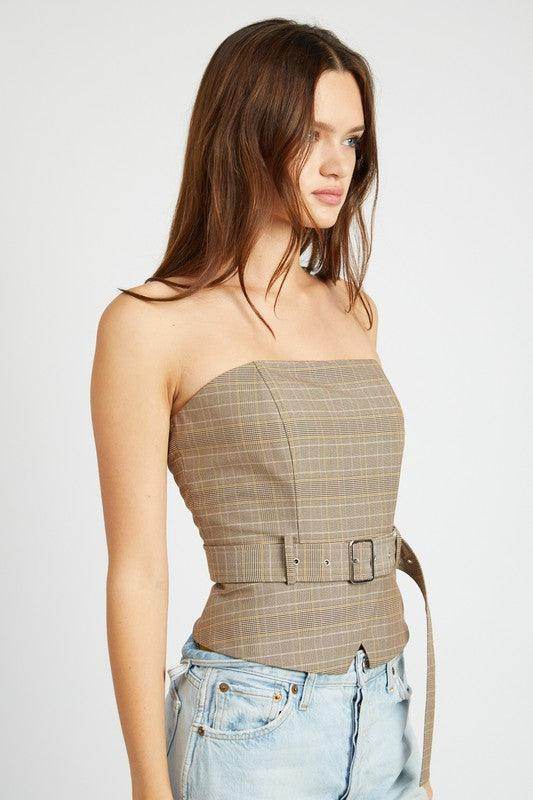 Emory Park Women's Peplum Belted Corset Top in plaid pattern for stylish and flattering looks