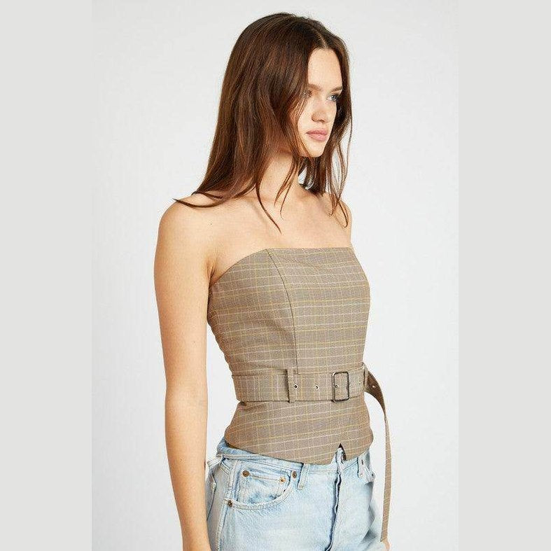 Emory Park Women's Peplum Belted Corset Top in plaid pattern for stylish and flattering looks