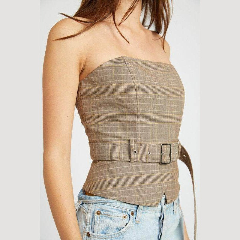 Emory Park women's peplum belted corset top in plaid pattern, perfect for stylish summer outfits
