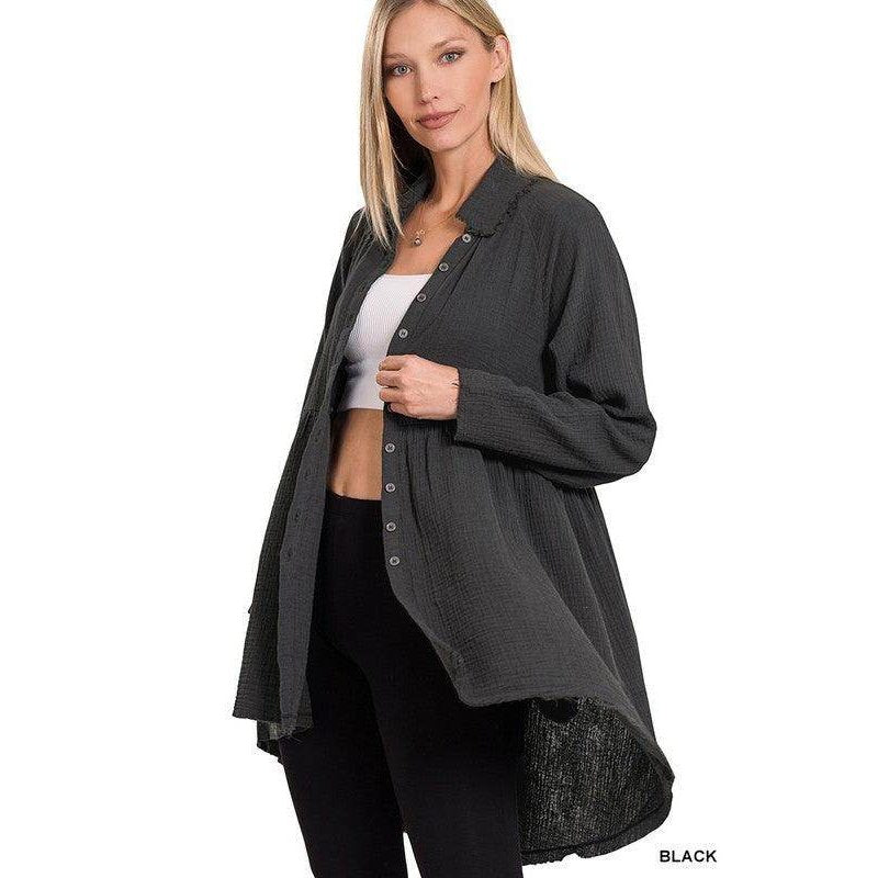 ZENANA Black Peplum Shirt with Pockets featuring a Comfortable Relaxed Fit and Button Closure