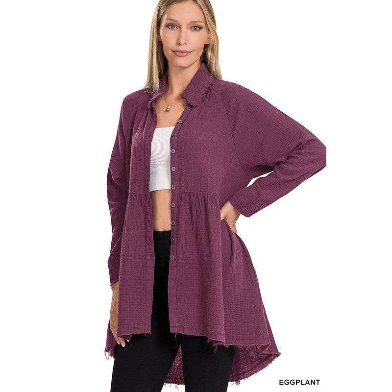 ZENANA Women's Eggplant Peplum Shirt with Pockets for a Stylish and Comfortable Look