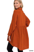 Copper ZENANA peplum shirt with pockets featuring a stylish flowy design and long sleeves