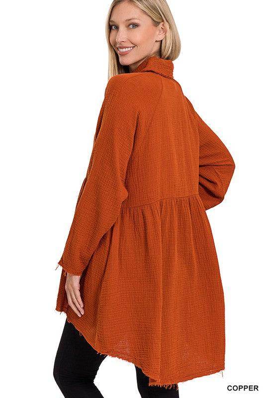 Copper ZENANA peplum shirt with pockets featuring a stylish flowy design and long sleeves