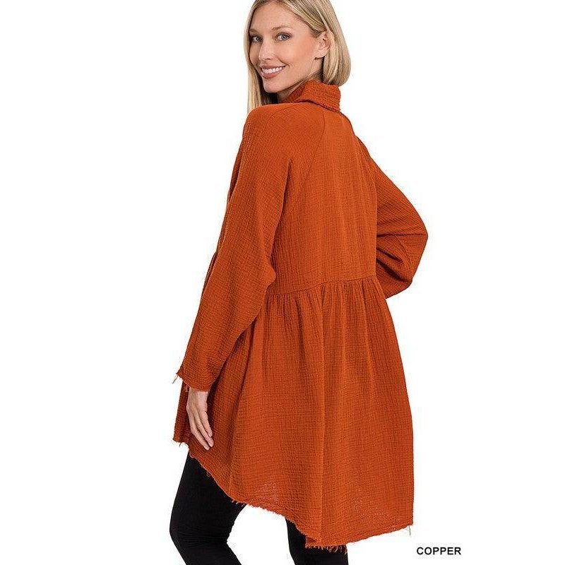 Copper ZENANA peplum shirt with pockets featuring a stylish flowy design and long sleeves