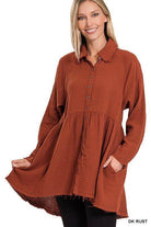 Zenana women's peplum shirt with pockets in dark rust color featuring a button-down design and long sleeves