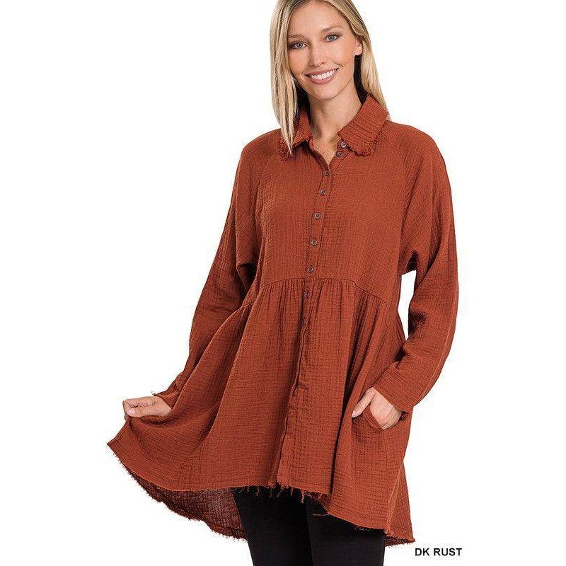 Zenana women's peplum shirt with pockets in dark rust color featuring a button-down design and long sleeves