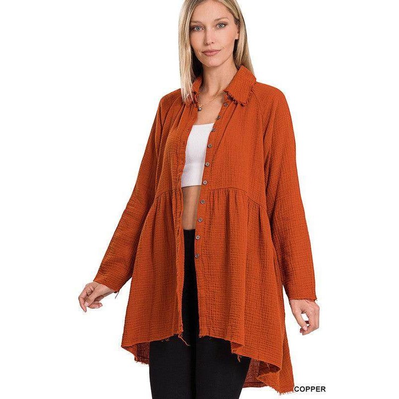 ZENANA Copper Peplum Shirt with Pockets, Stylish Design and Comfortable Fabric for Women