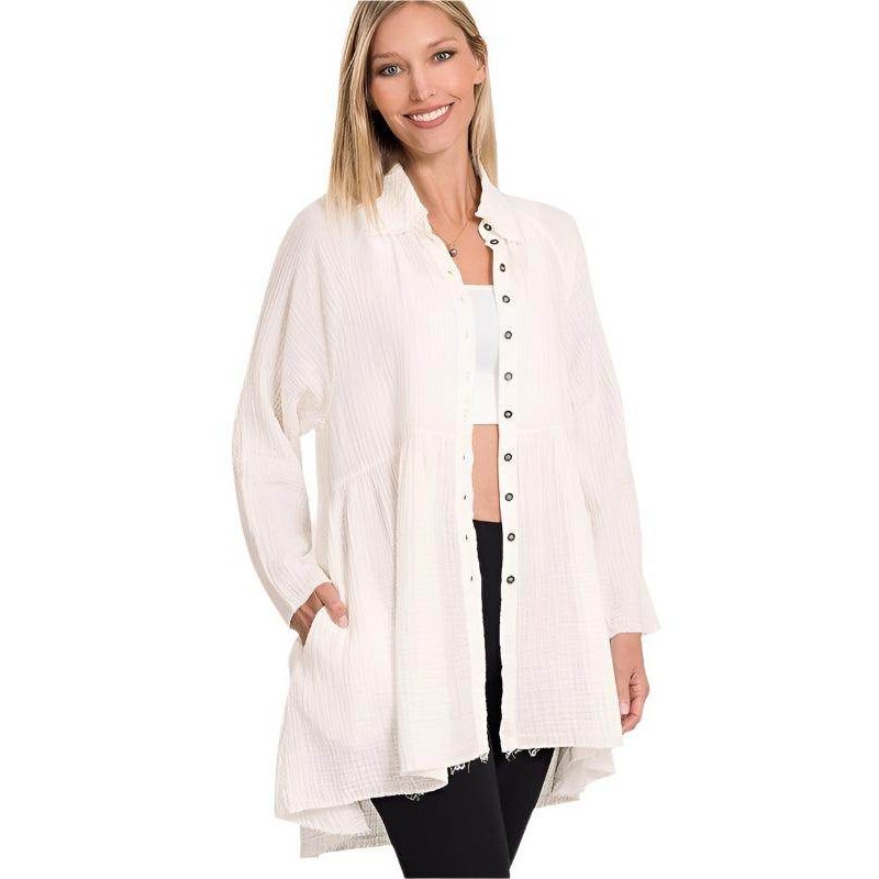 ZENANA Women's White Peplum Shirt with Pockets and Button Front for Casual Style