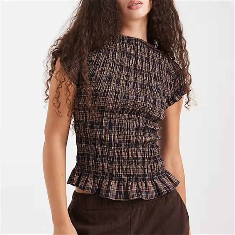 Women's black plaid peplum top, lightweight fabric for casual wear