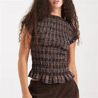 Women's black plaid peplum top, lightweight fabric for casual wear