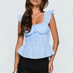 Women’s blue gingham peplum top for summer outings