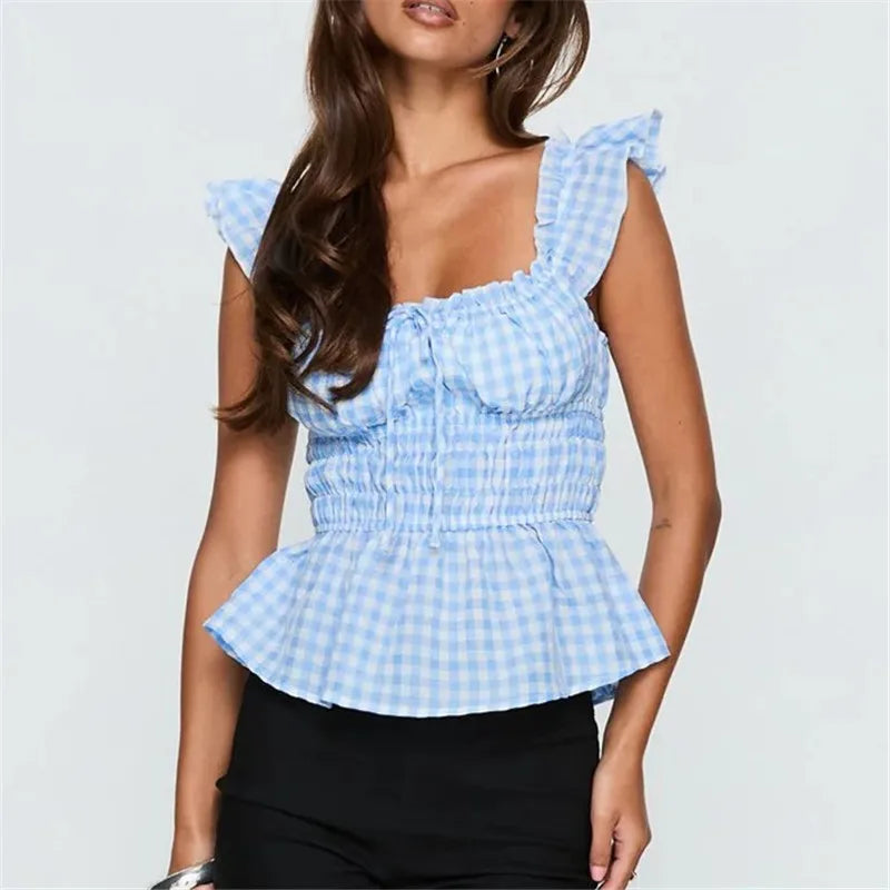 Women’s blue gingham peplum top for summer outings