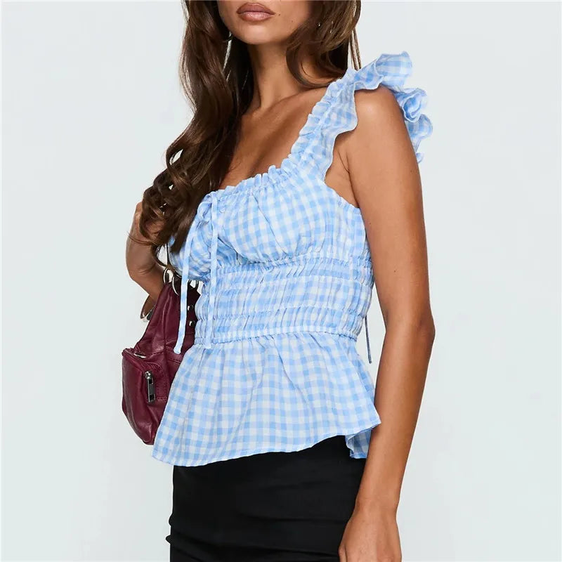 Blue gingham peplum top with ruffled sleeves for casual wear