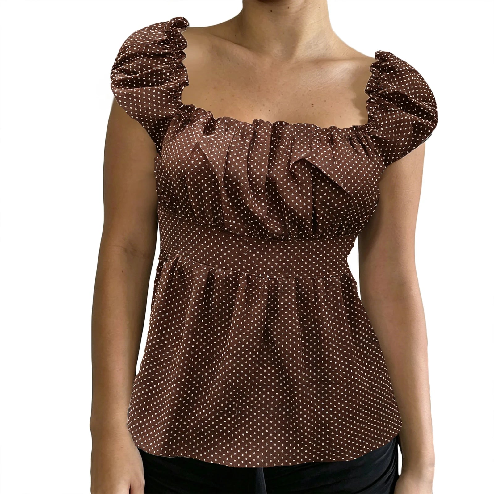 Women's brown polka dot peplum top, perfect for casual outings