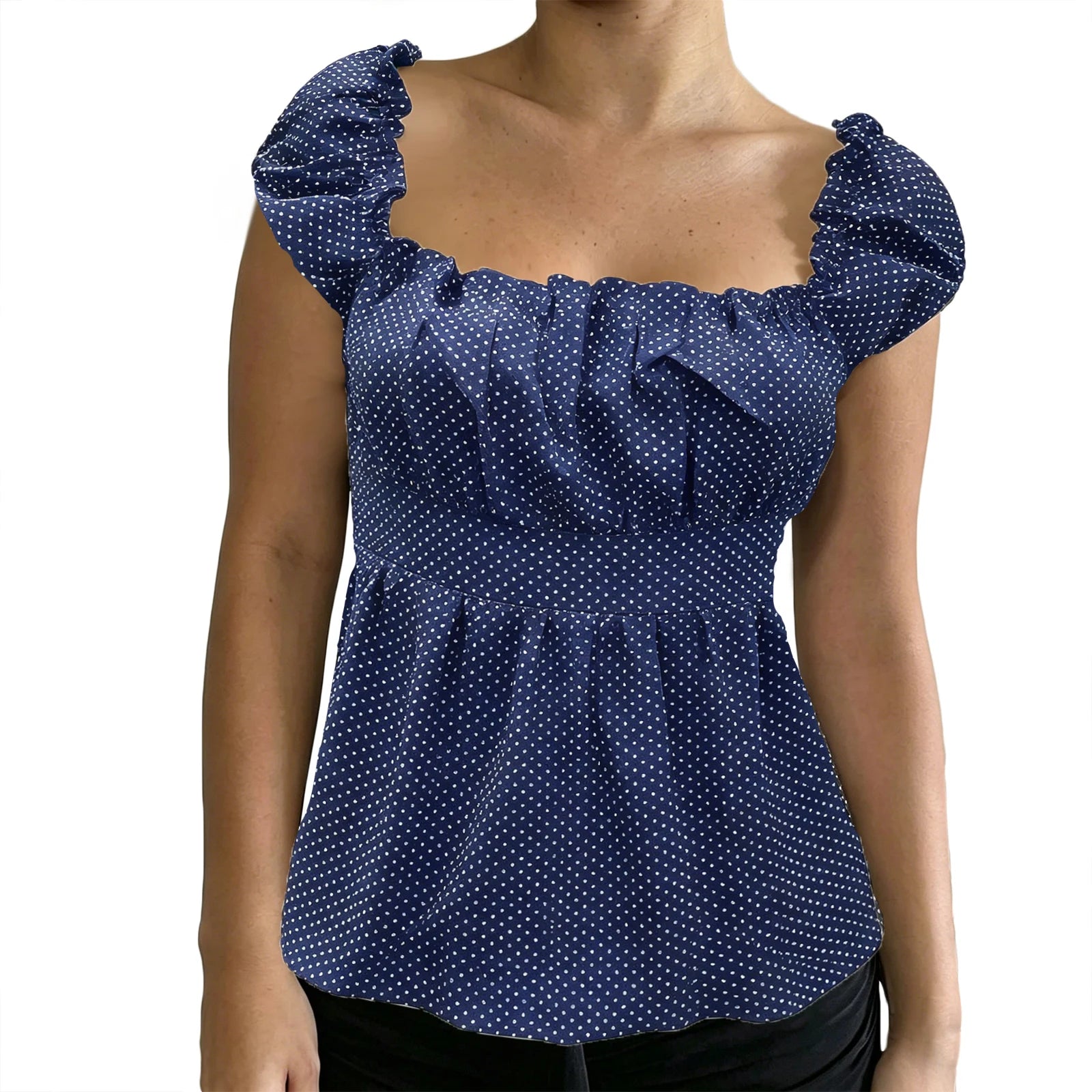 Navy polka dot peplum top for women's casual outings