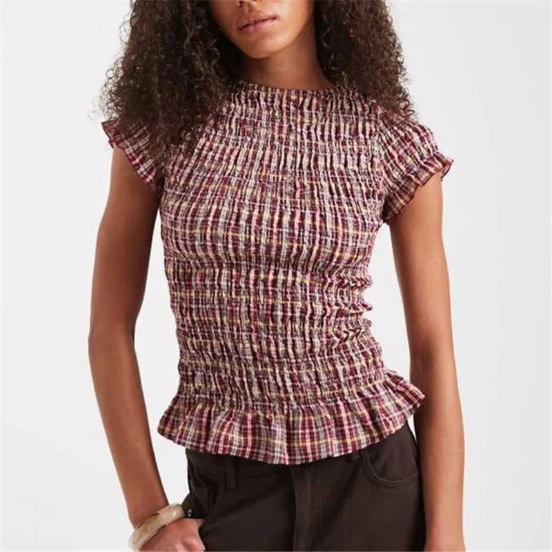 Women's plaid peplum top, stylish and comfortable for casual outings