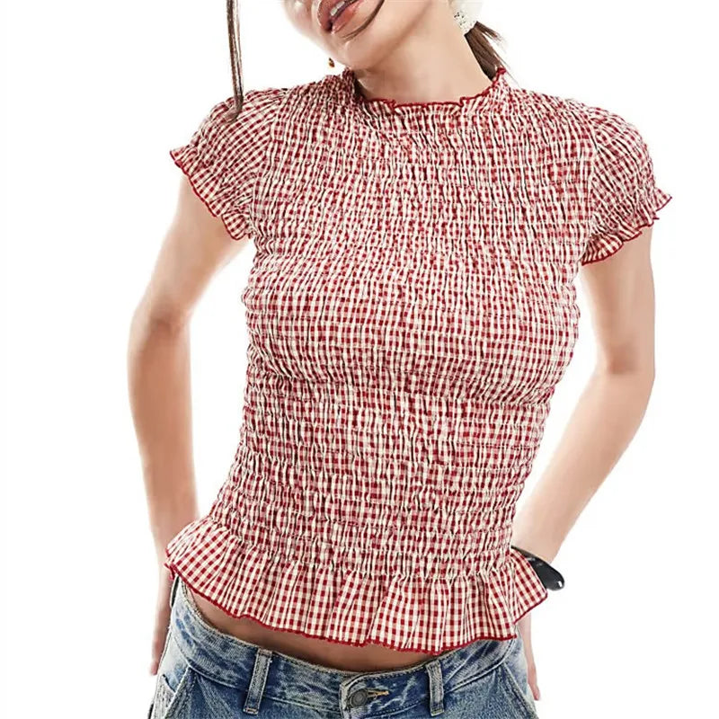 Women's red checkered peplum top, perfect for casual outings