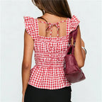Red gingham peplum top with ruffled sleeves for casual outings