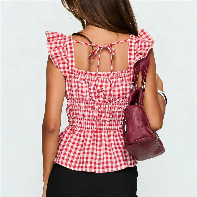 Red gingham peplum top with ruffled sleeves for casual outings