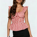 Red gingham peplum top, perfect for casual outings