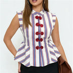 Women's striped peplum top with floral buttons, perfect for casual outings