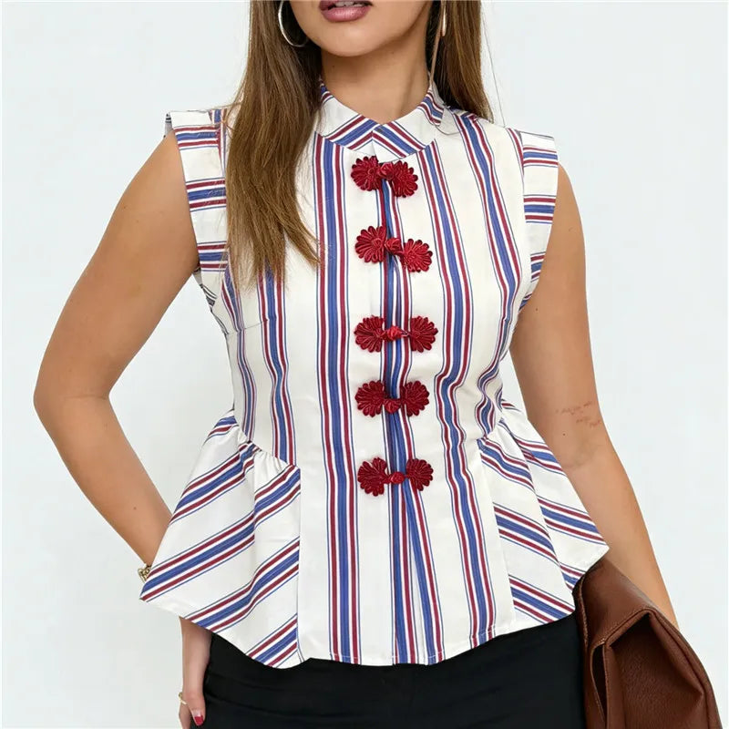 Women's striped peplum top with floral buttons, perfect for casual outings