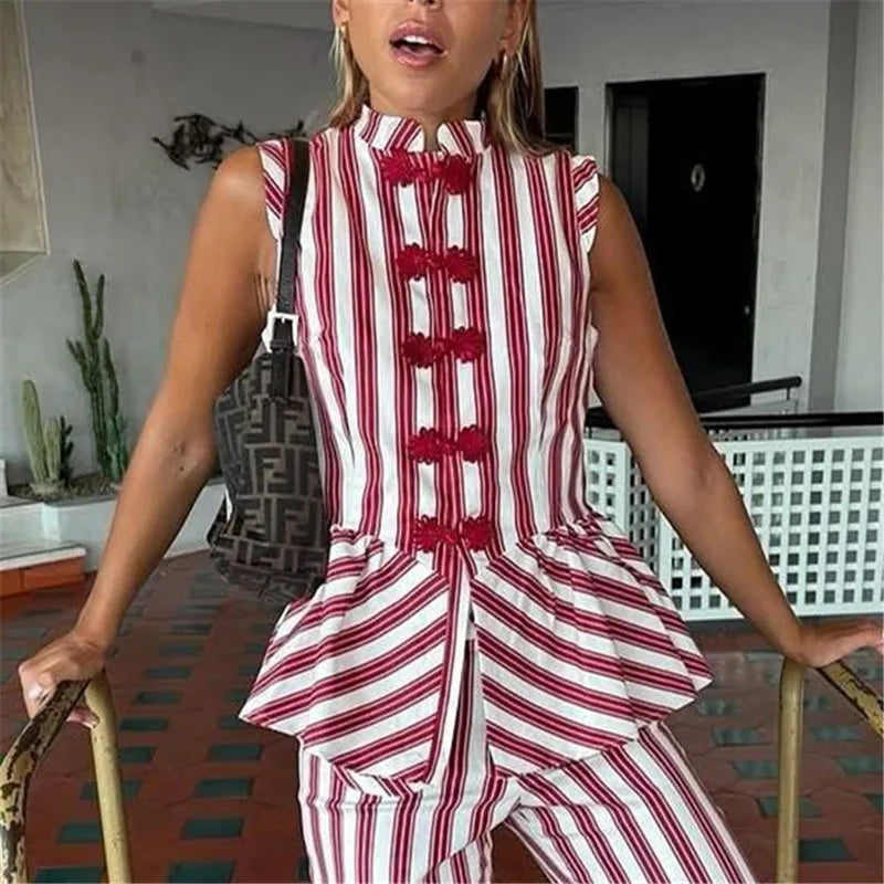 Women's peplum top in red and white stripes, ideal for casual outings