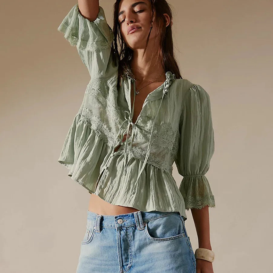 Women's green peplum top, lightweight fabric, perfect for casual outings