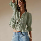 Women's green peplum top, lightweight fabric, perfect for casual outings
